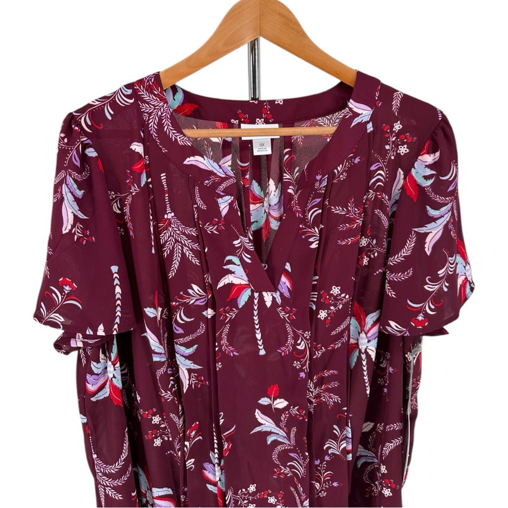 Liz Claiborne Plus Womens Split Crew Neck Short Sleeve Blouse Cherry Palms 0X - Picture 4 of 11